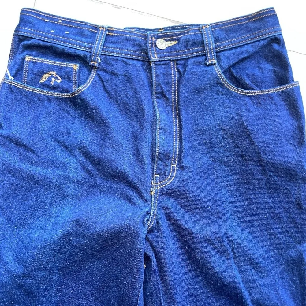 RARE LONG VTG 80s Jordache Denim Blue Jeans Horse Head Logo 34x36 Raw Hem Unisex